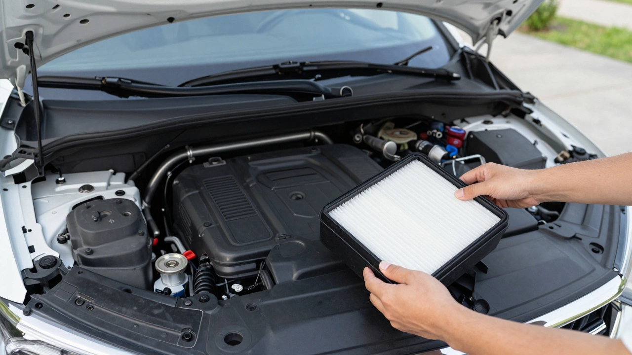 Close-up of a new white air filter being installed into a car's engine air box.