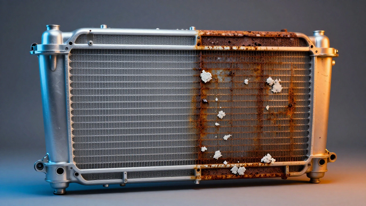 Comparison of a clean radiator and one with rust and mineral deposits