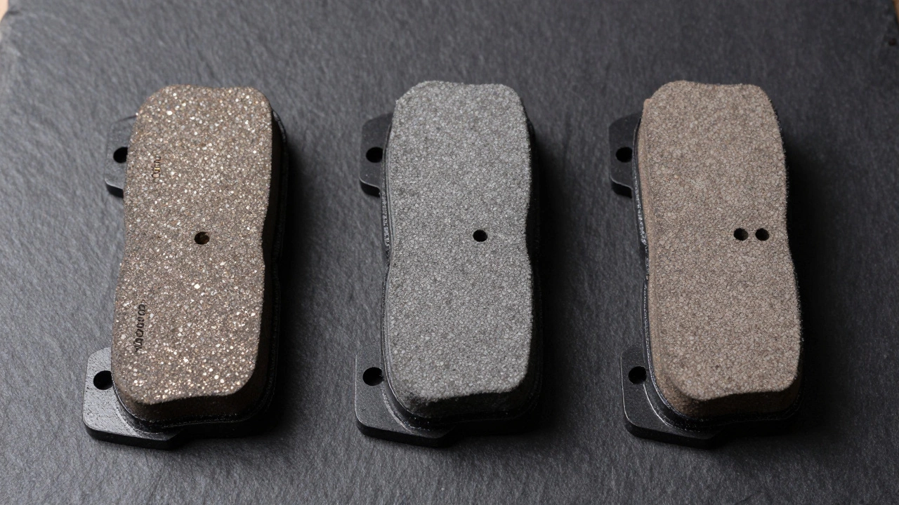 Comparison of semi-metallic, ceramic, and organic brake pads on a dark background