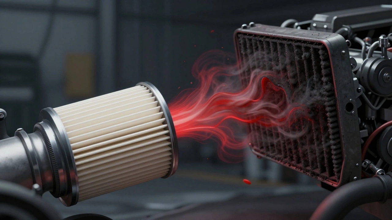 Conceptual illustration of air flowing through a clean versus a clogged engine filter.