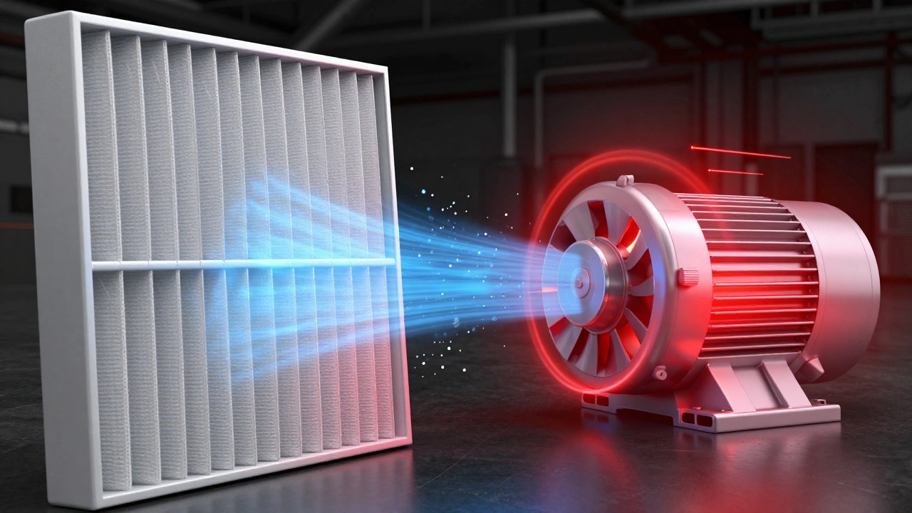 Conceptual illustration of an HVAC motor overheating due to filter restriction