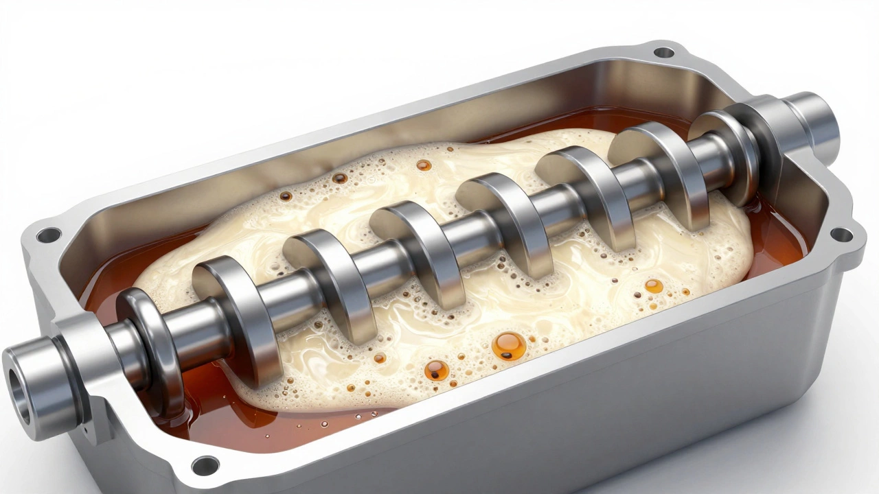 Cross-section of an engine crankshaft whipping oil into a frothy foam