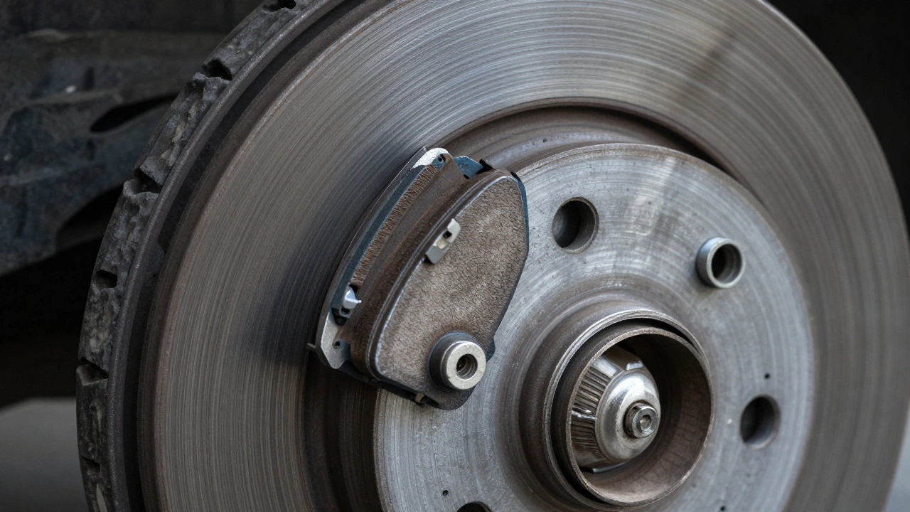 Detailed view of a damaged, scored brake rotor caused by completely worn brake pads