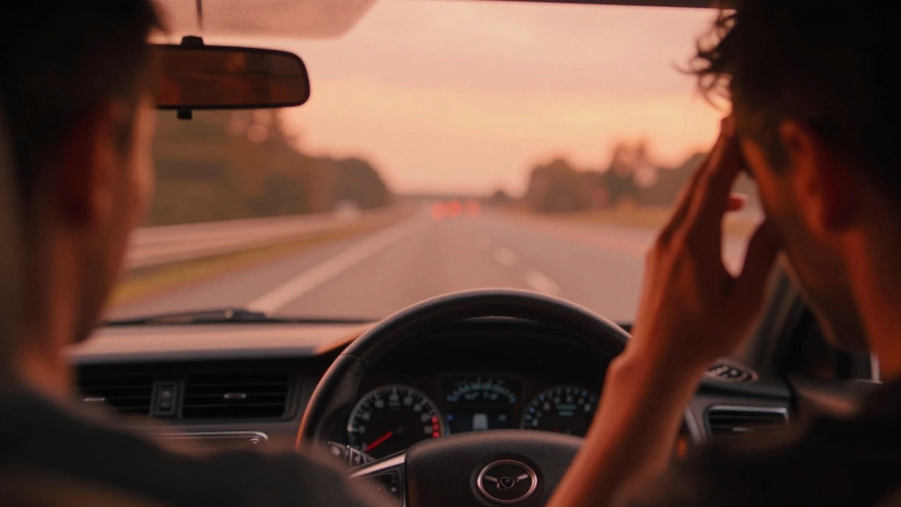 Driver's view inside a vibrating car cabin with a warm glow illustrating exhaust drone.