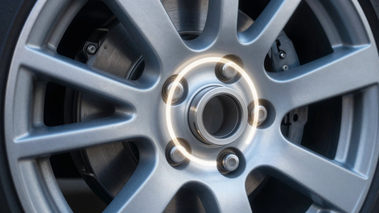 Technical illustration of a wheel hub showing PCD pattern and a hub centric ring