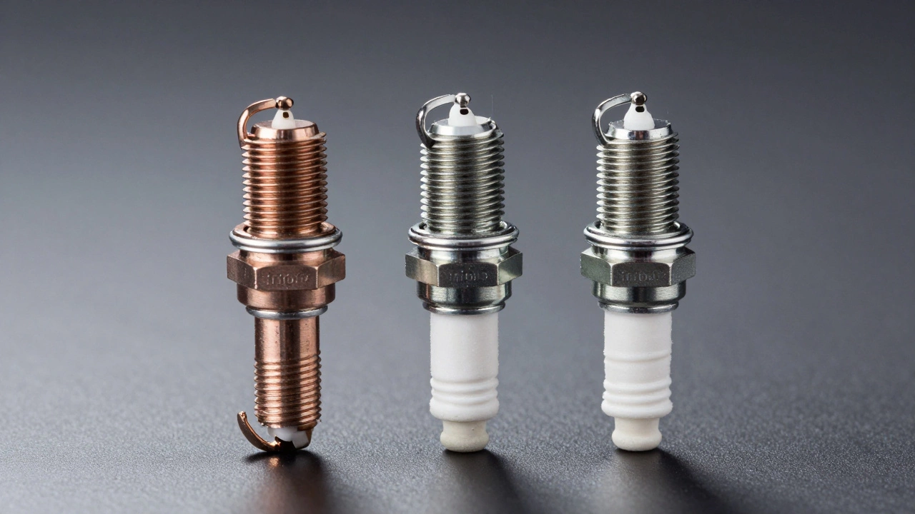 Three different spark plugs made of copper, platinum, and iridium on a dark surface.