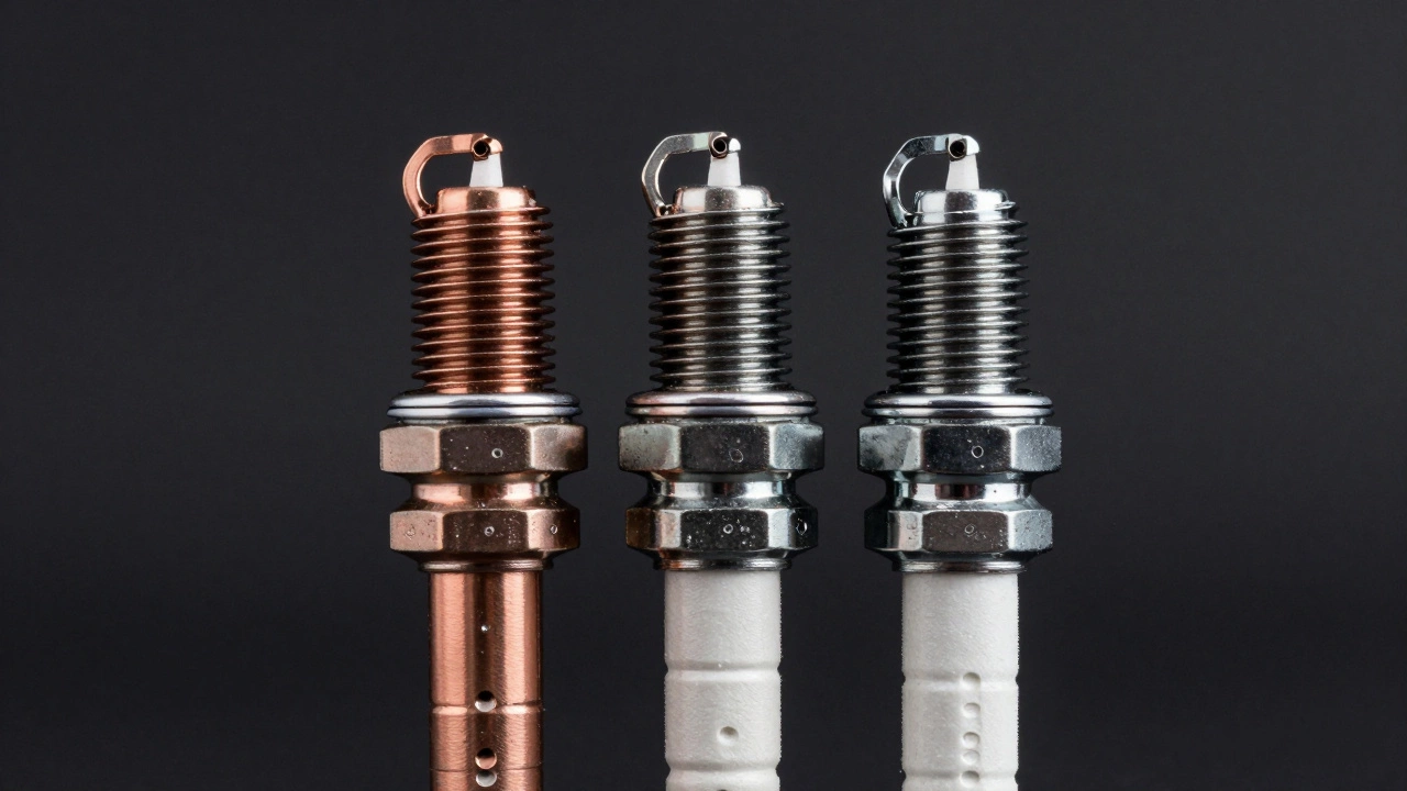Three different types of spark plugs: copper, platinum, and iridium, displayed side-by-side.