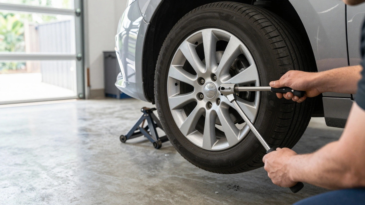 Using a torque wrench to tighten lug nuts on a new alloy wheel in a garage