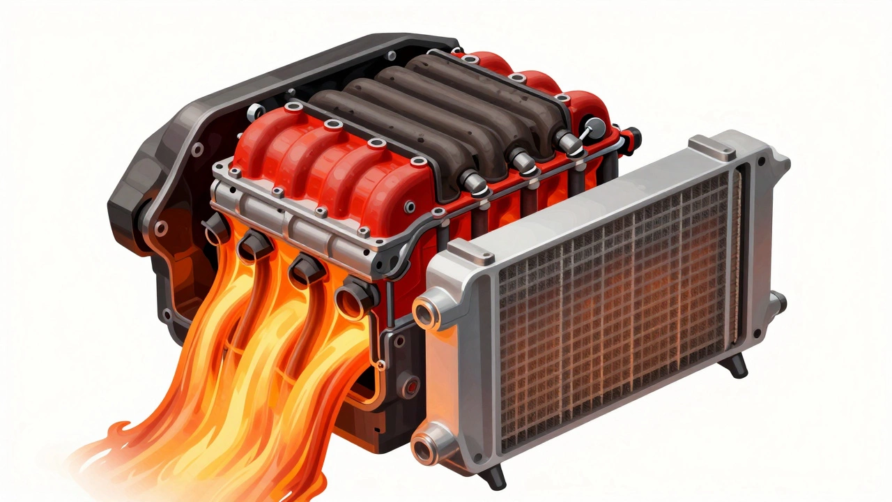 3D render of engine overheating with sludge in radiator