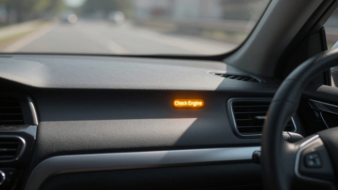 Car dashboard with a glowing check engine warning light illuminated