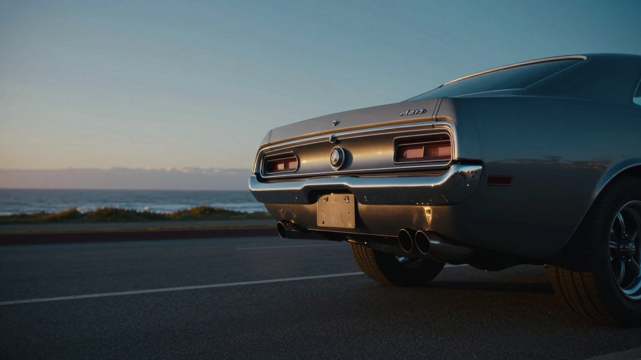 Car rear view with flared exhaust tips emitting sound waves at dusk.