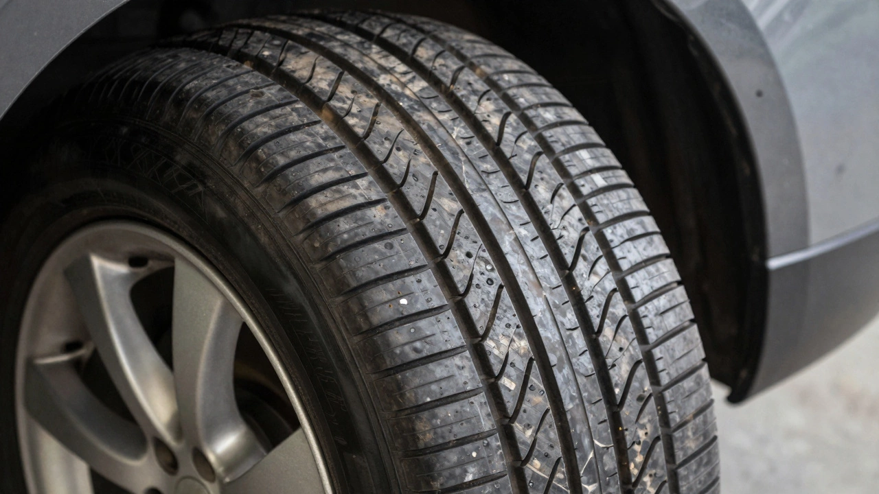 Close up of car tire with severe cupping and uneven tread wear