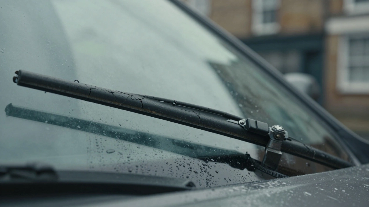 Close-up of cracked, worn car wiper blades on wet glass