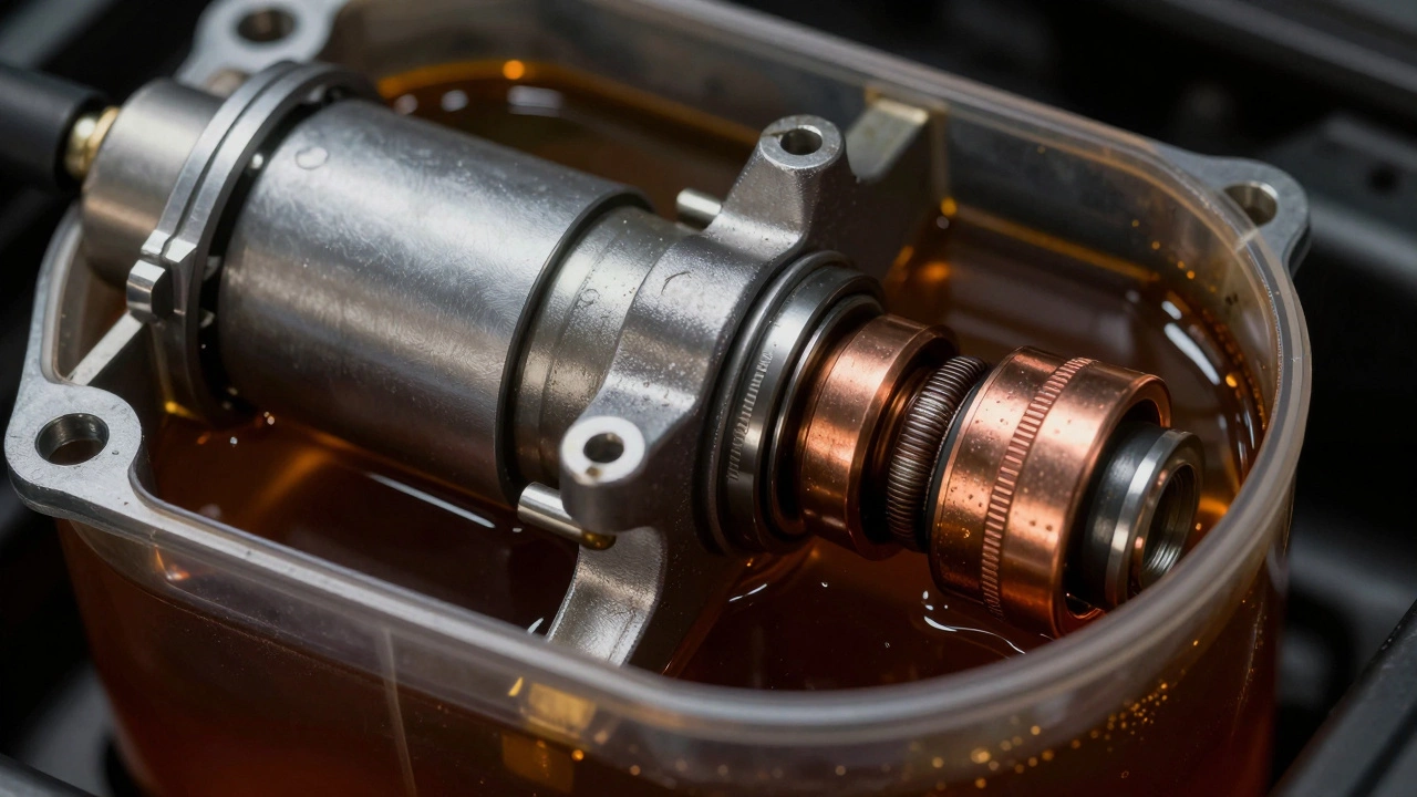 Close-up of fuel pump internals submerged in fuel showing signs of wear