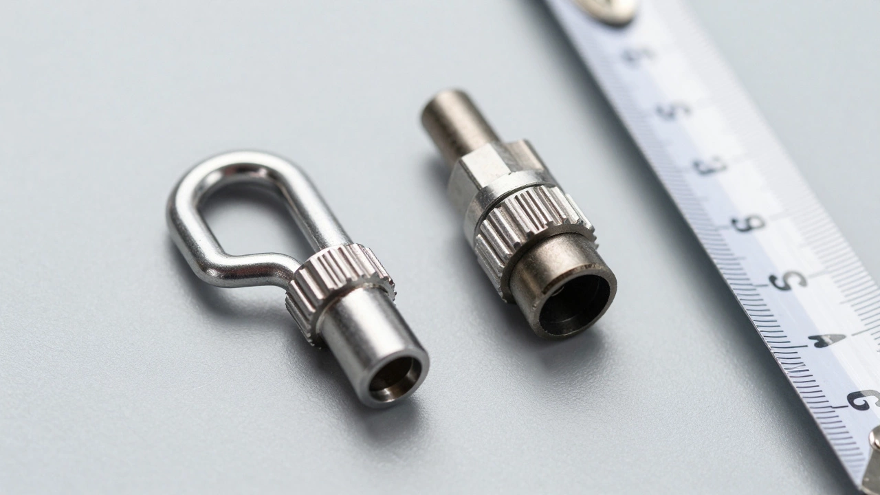 Close-up of J-hook and side-pin wiper connectors next to a measuring tape