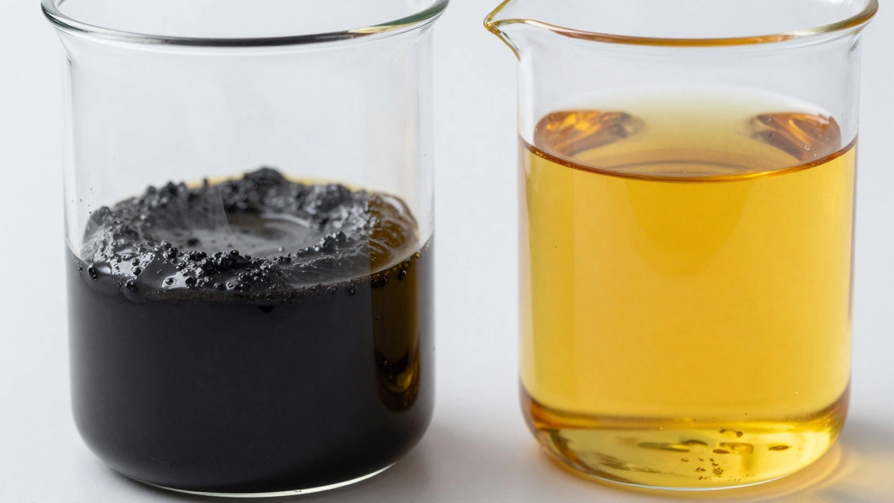 Comparison of dirty black oil and clean amber synthetic oil
