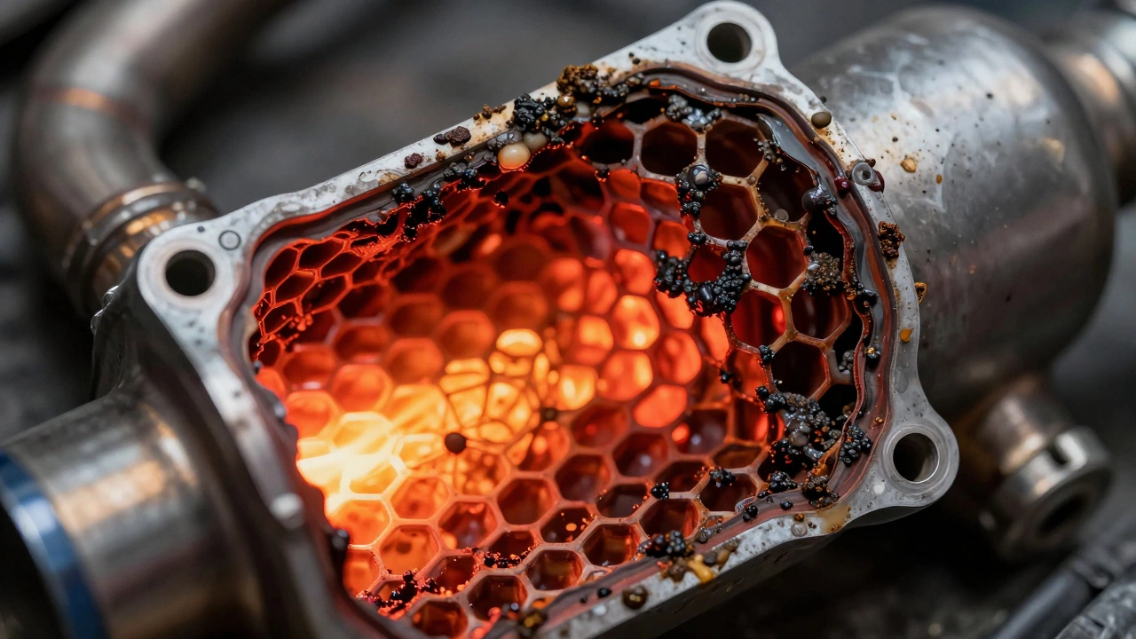 Damaged catalytic converter clogged by burnt oil residue