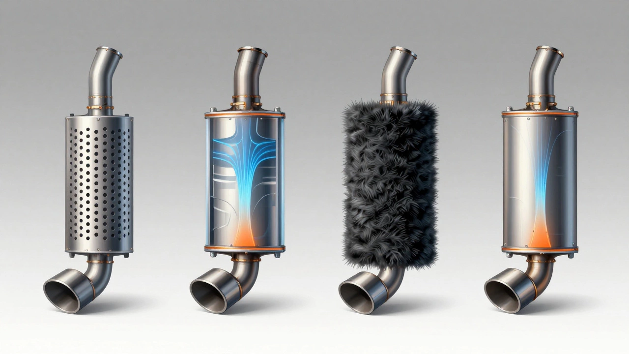 Diagram showing cross-sections of four different muffler types.