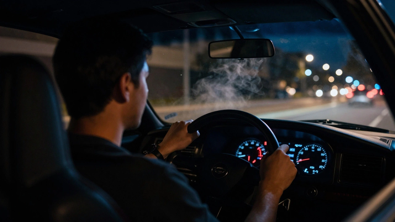 Driver's view inside car at night with heat haze