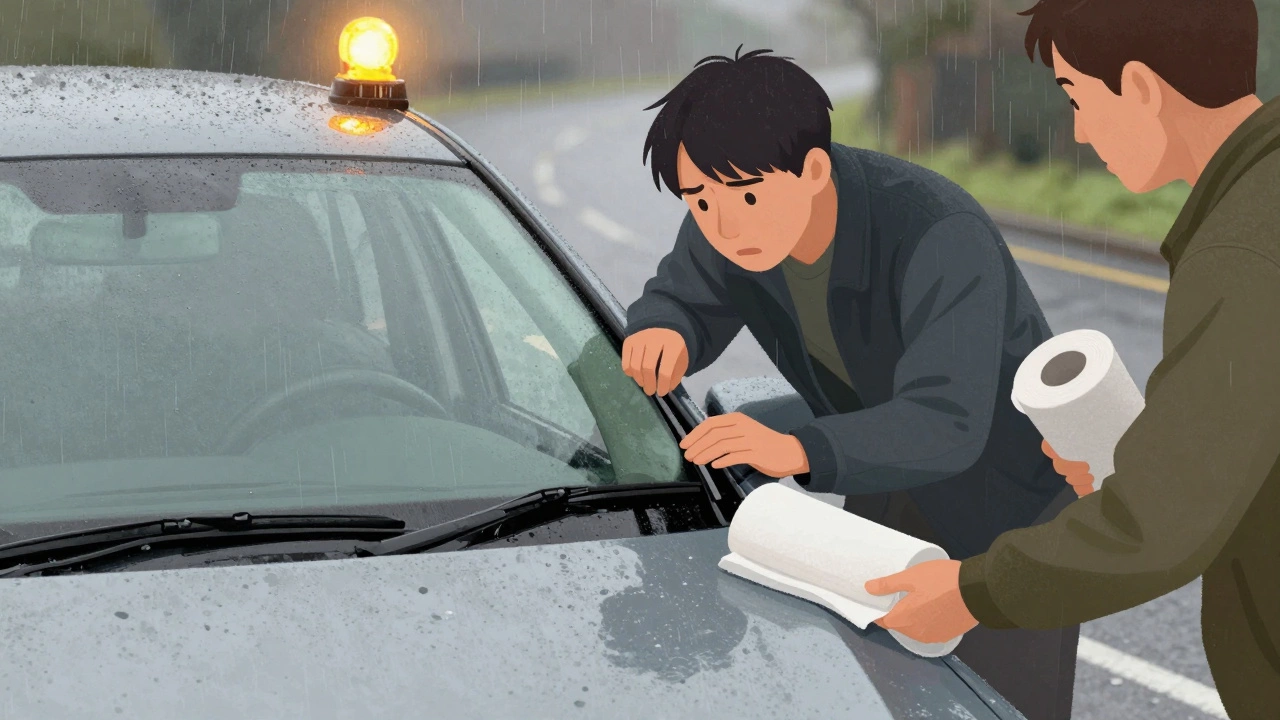 Driver inspecting broken wiper after pulling over safely