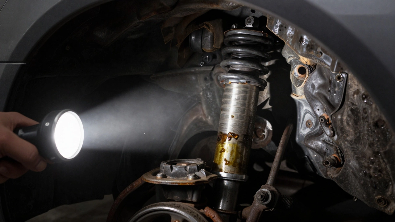 Flashlight revealing oil leak and rust on car shock absorber