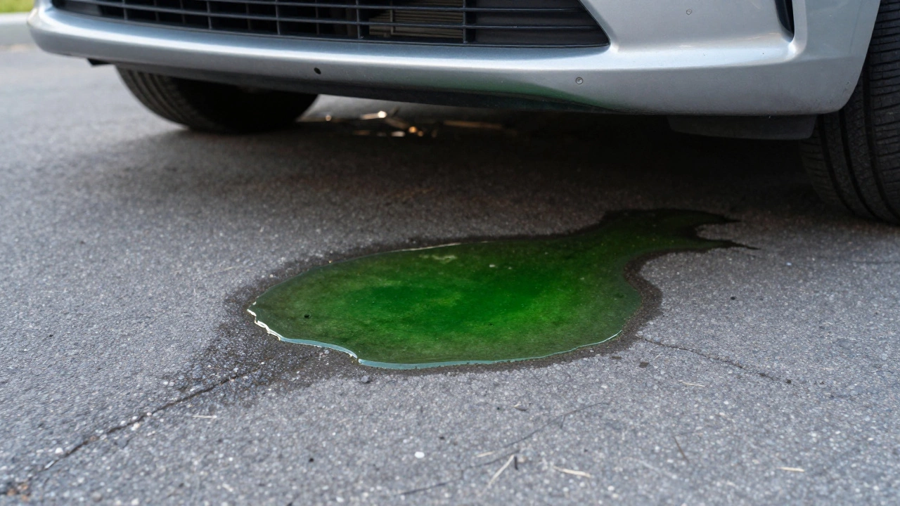 Green coolant puddle leaking from under a car onto driveway