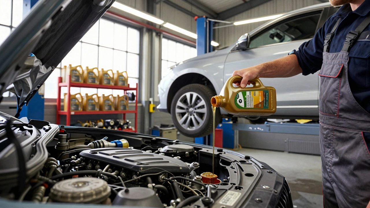 Mechanic changing oil in a modern car at a UK garage