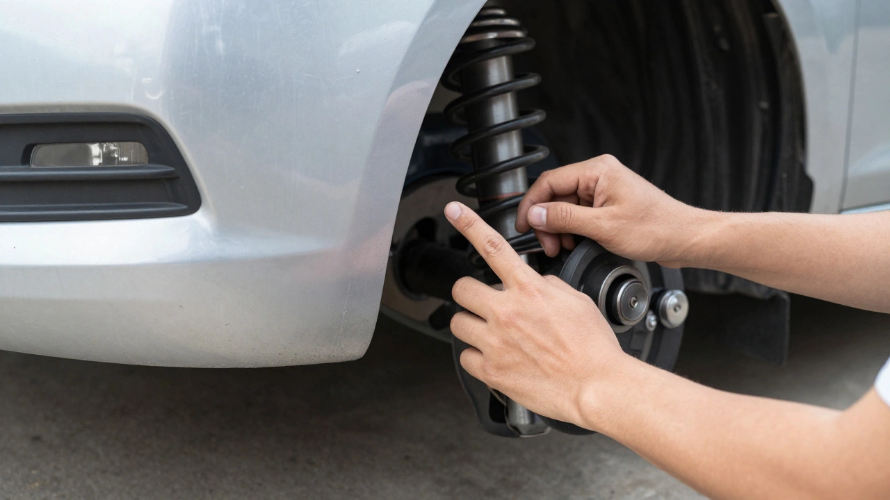 Mechanic performing bounce test on car bumper