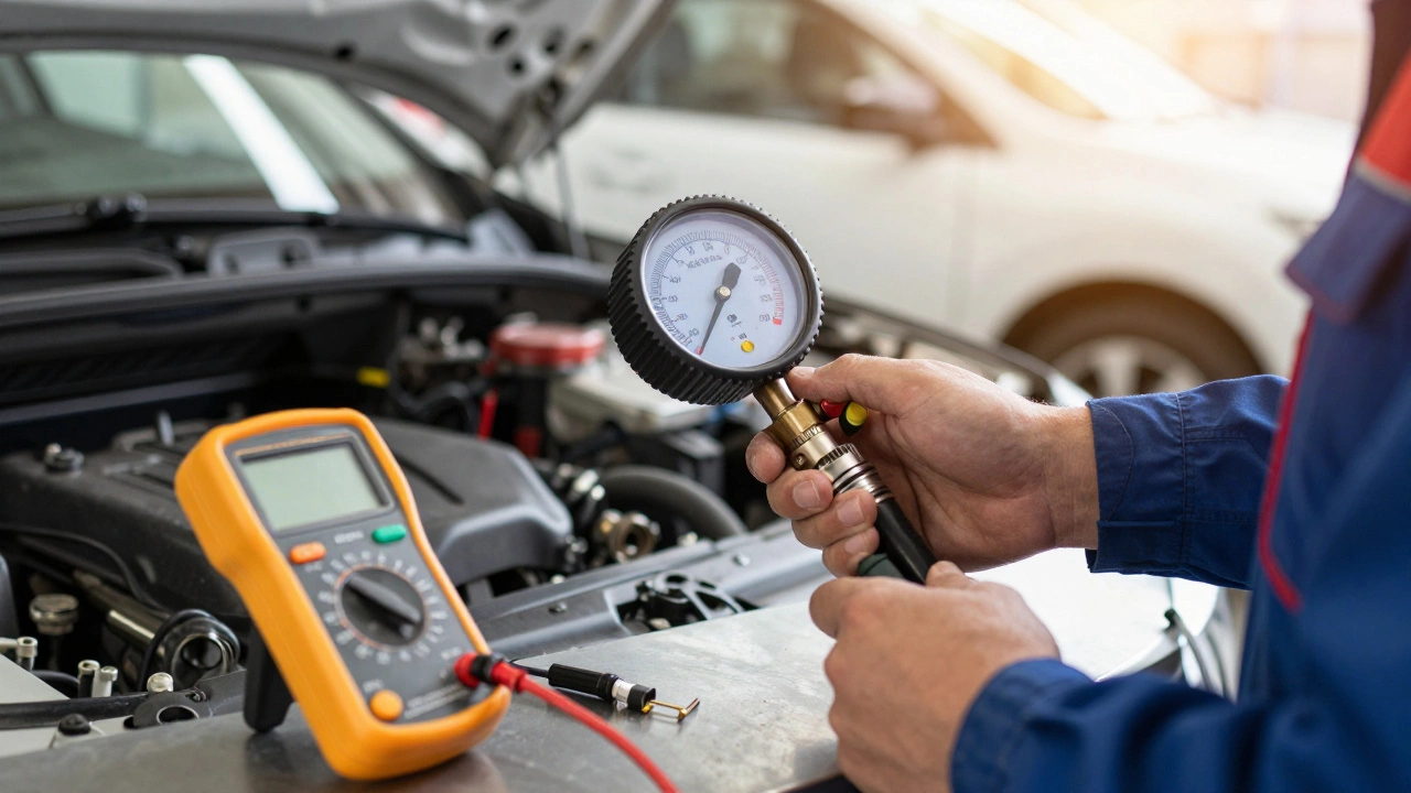 Mechanic testing fuel pressure with gauge and checking fuses in garage