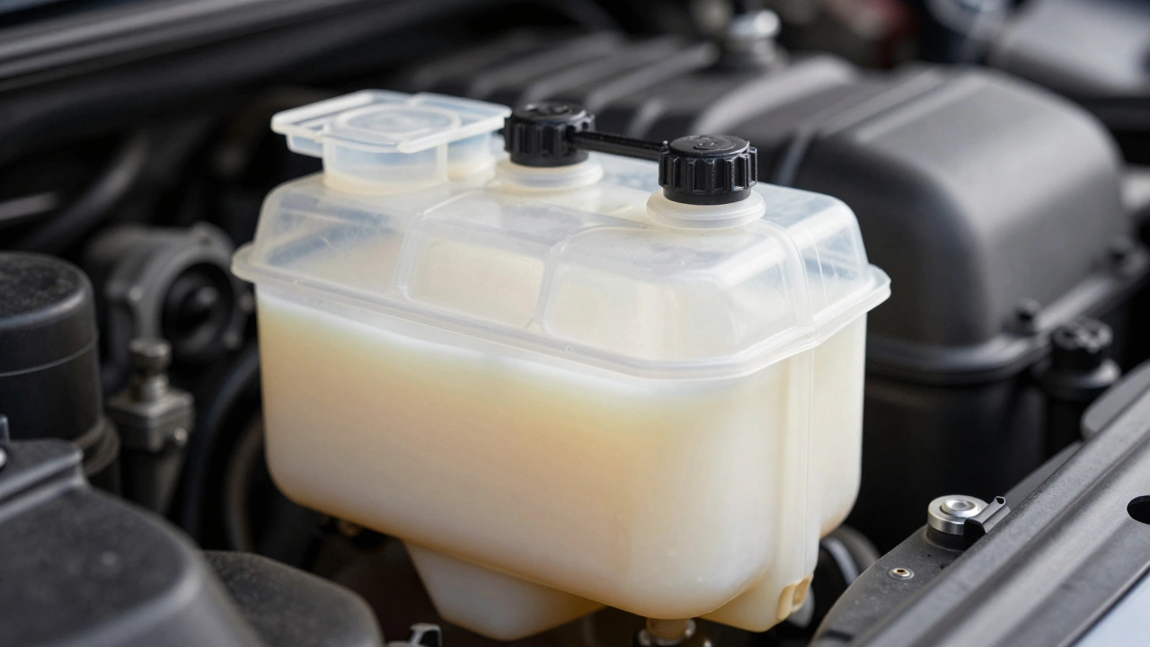 Milky white contaminated coolant in a car expansion tank