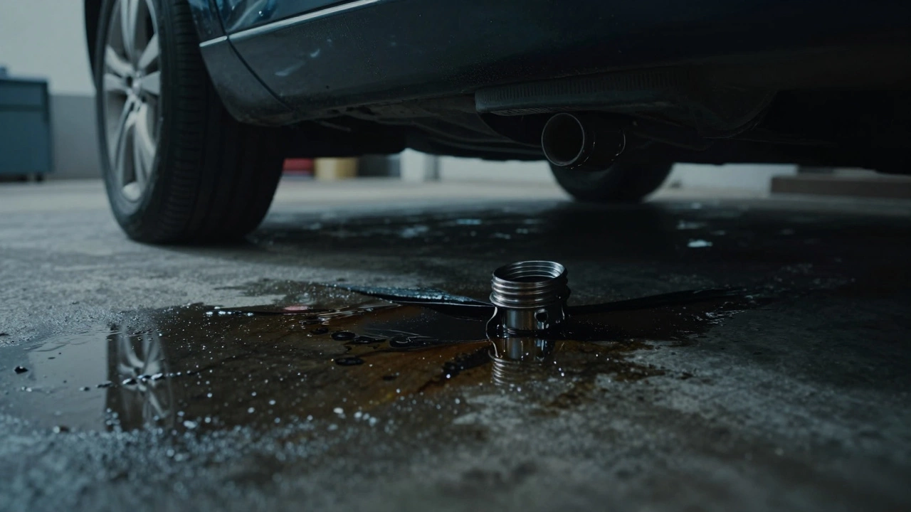 Oil leaking from car engine seal onto garage floor