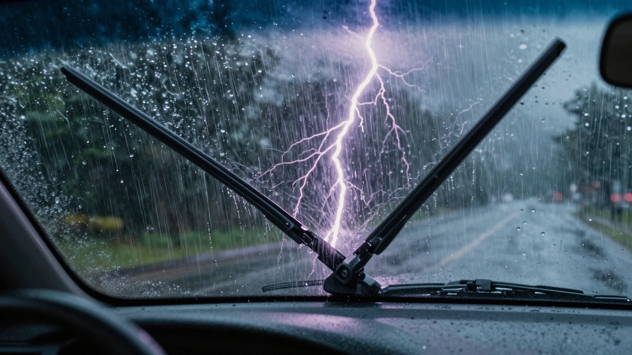 Oversized wiper blades risking collision during rain storm