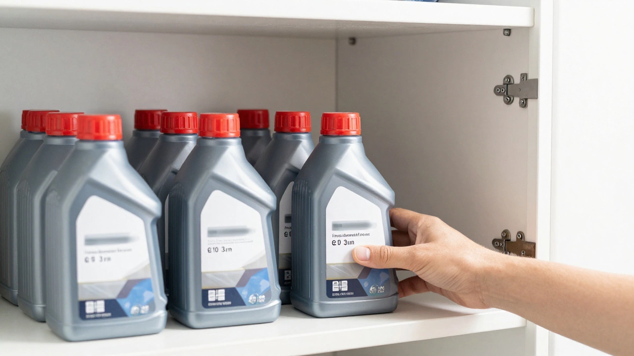 Proper storage of engine oil bottles in a cool, organized cabinet