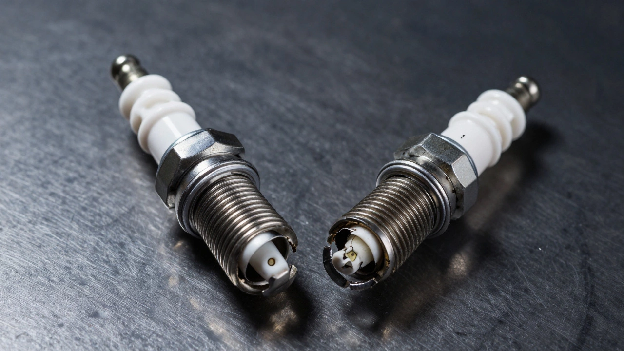 Side-by-side comparison of a new healthy spark plug and a cracked old one