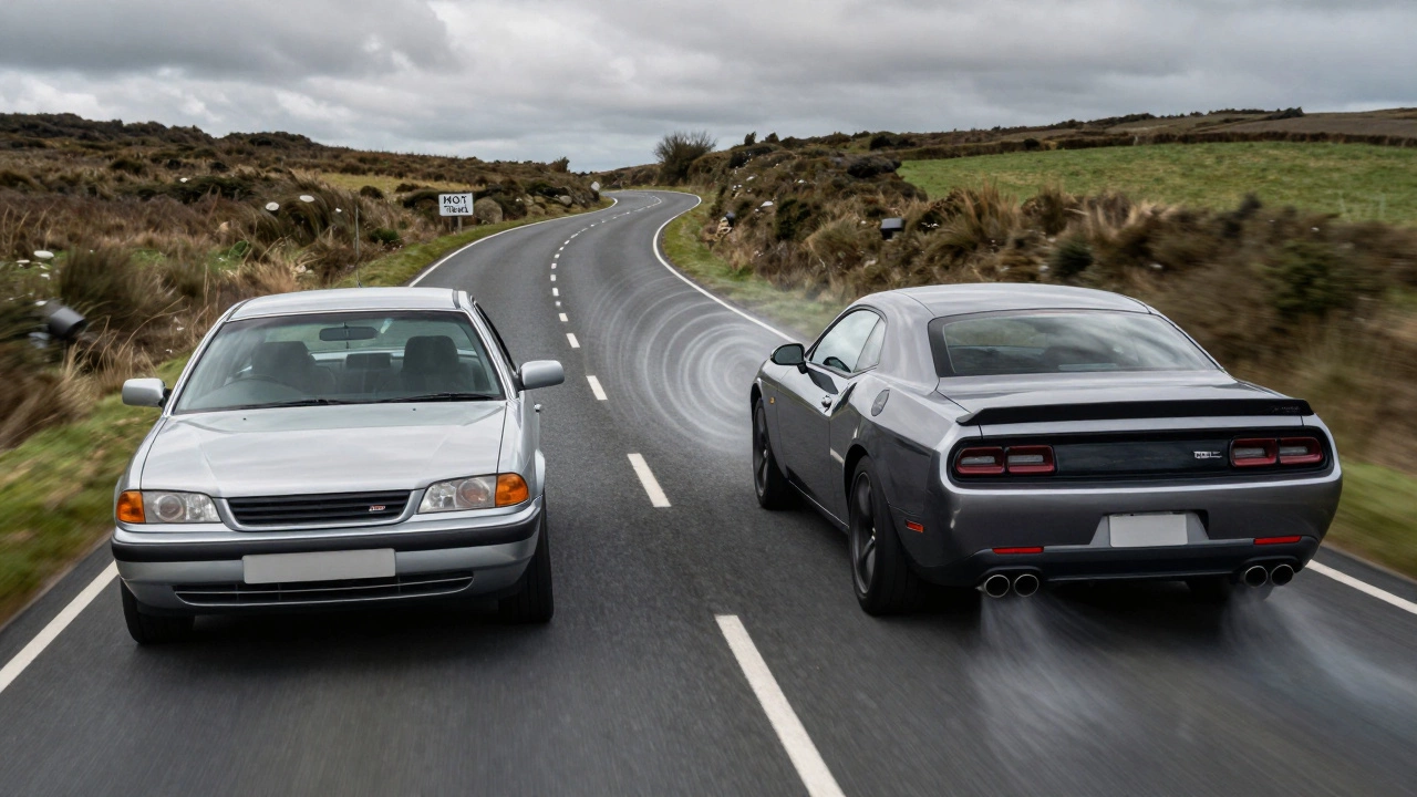Two cars on UK road illustrating exhaust sound levels