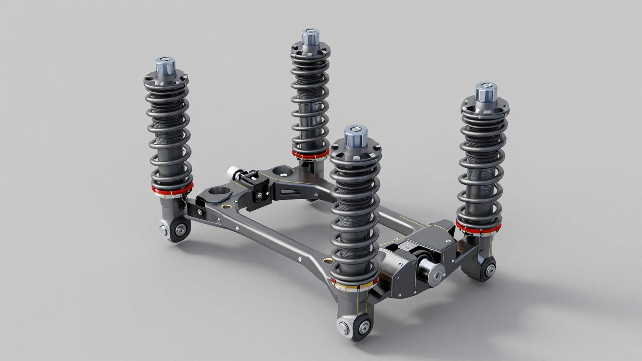 3D render of complex multi-link suspension system with connecting arms