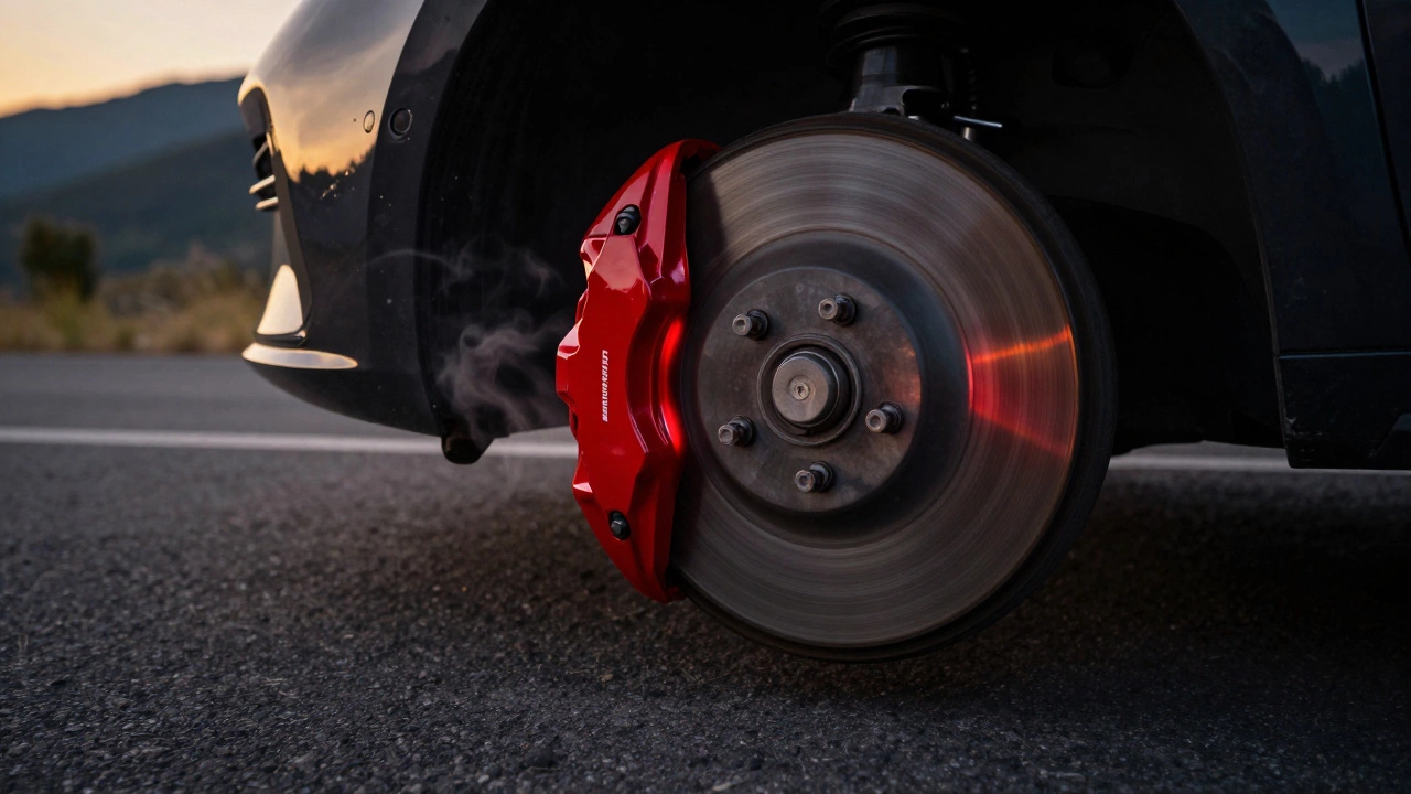 Car brake system dissipating heat behind a spinning alloy wheel on a road
