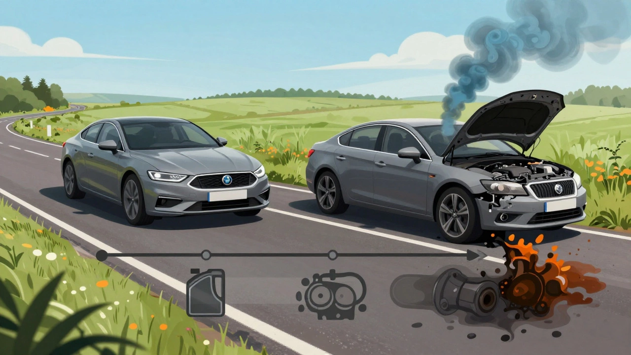 Car breakdown with blue smoke contrasting smooth driving scene