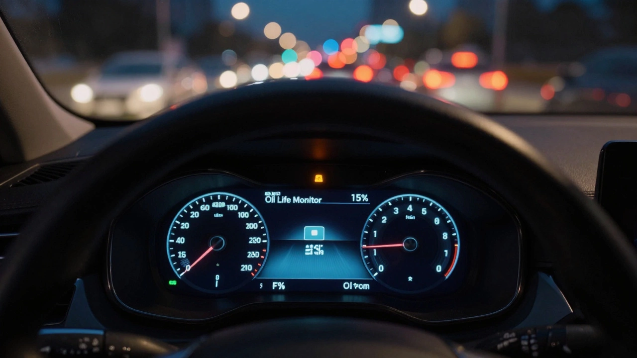 Car dashboard glowing with low oil life warning light during night drive