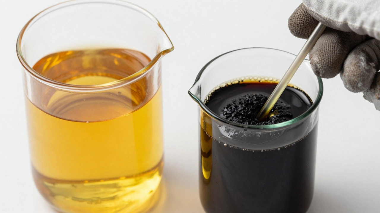 Close up comparison of fresh golden synthetic oil versus dark used engine oil