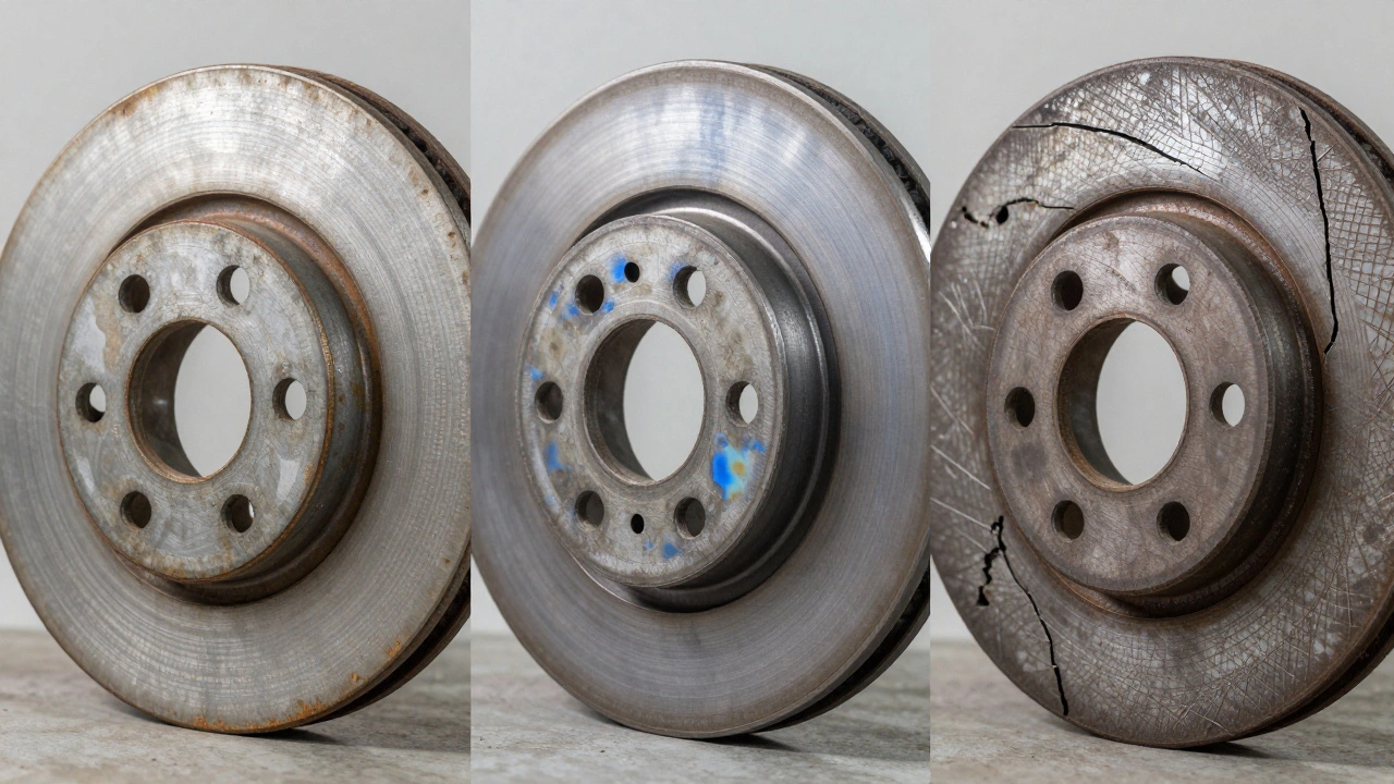 Close-up comparison of rusty, warped, and cracked rotors