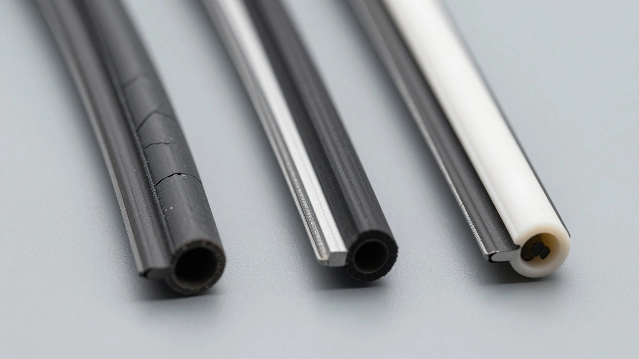 Close-up comparison of worn and new wiper blade types