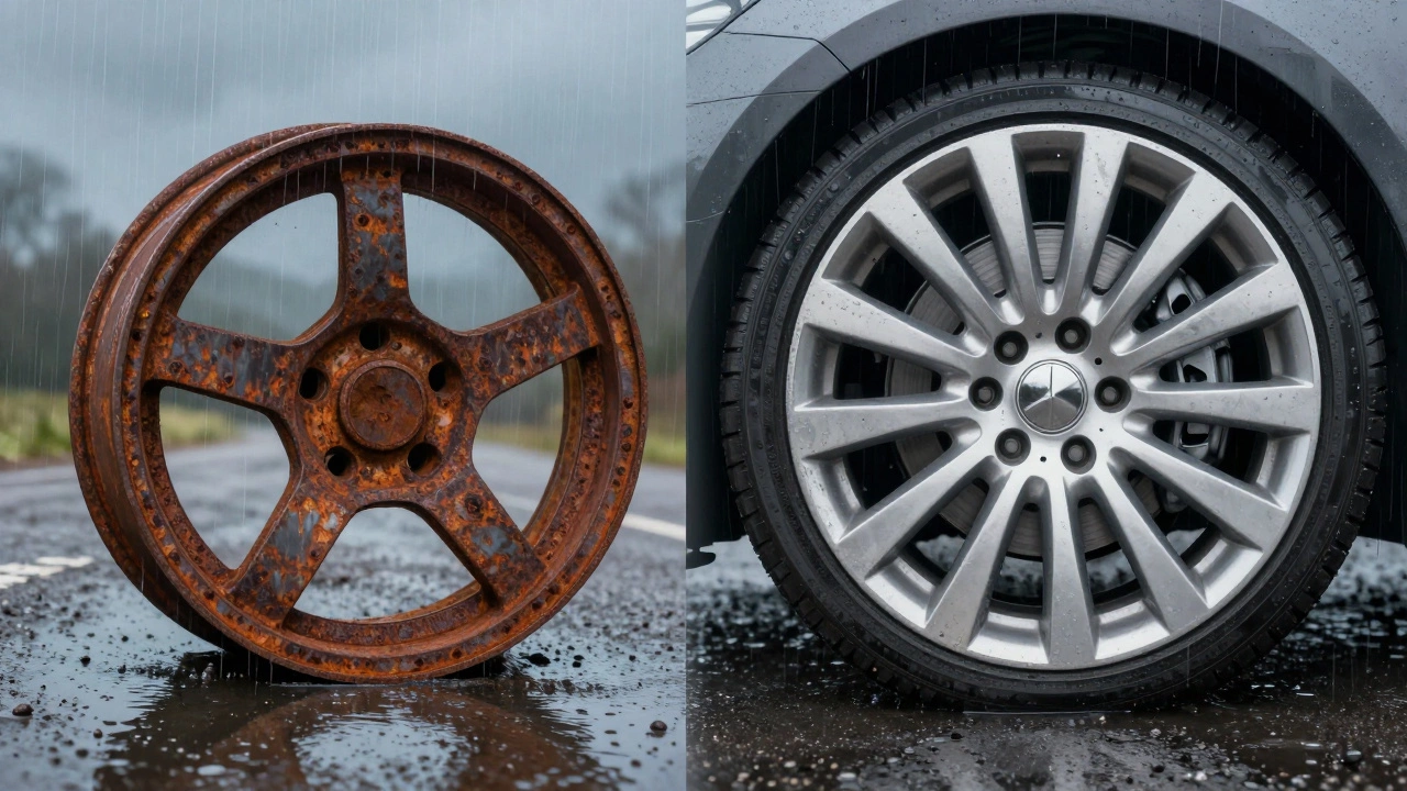 Comparison showing rusted steel wheel versus corrosion-resistant alloy wheel