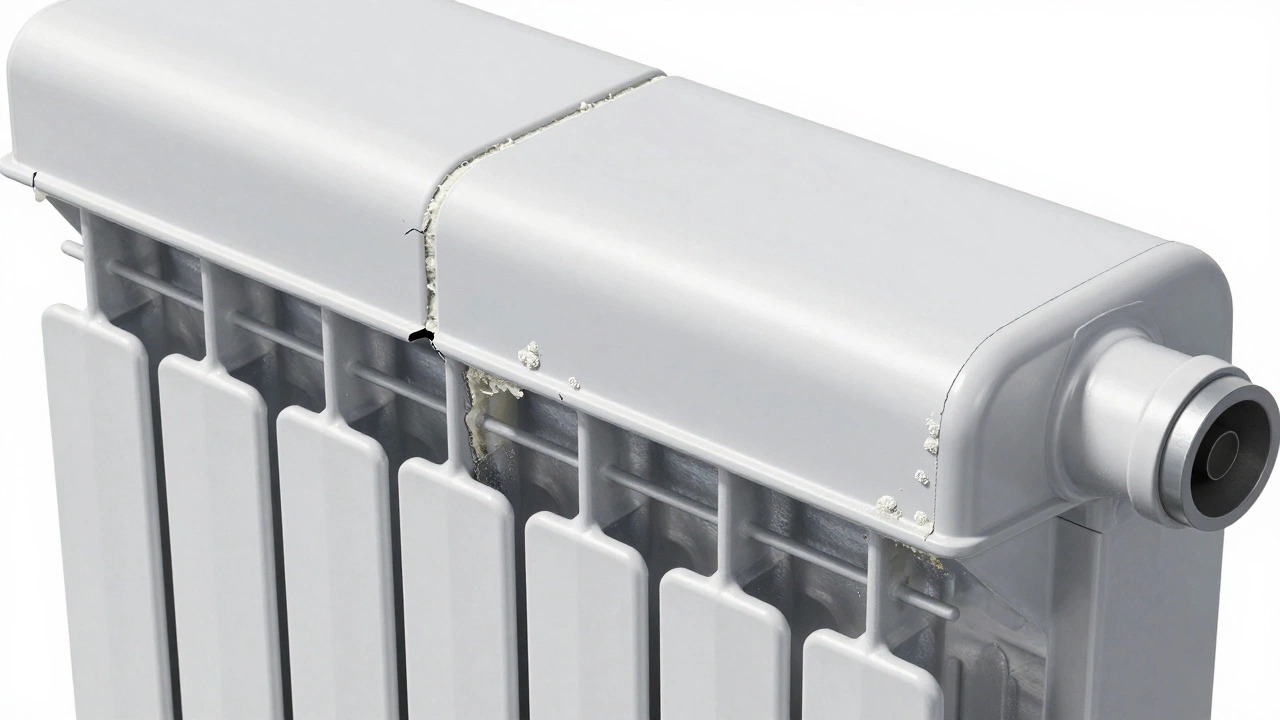 Cracked plastic radiator side tank showing white residue and stress fractures.