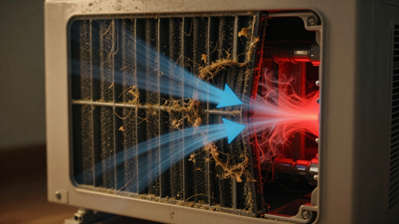 Cutaway view of an HVAC unit showing clogged filter restricting airflow