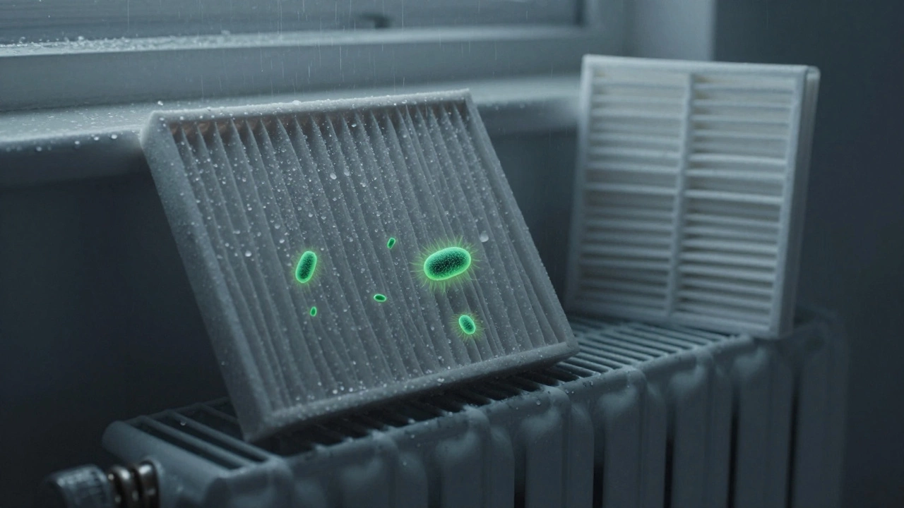 Damp air filter with visible mold growth highlighting hygiene risks