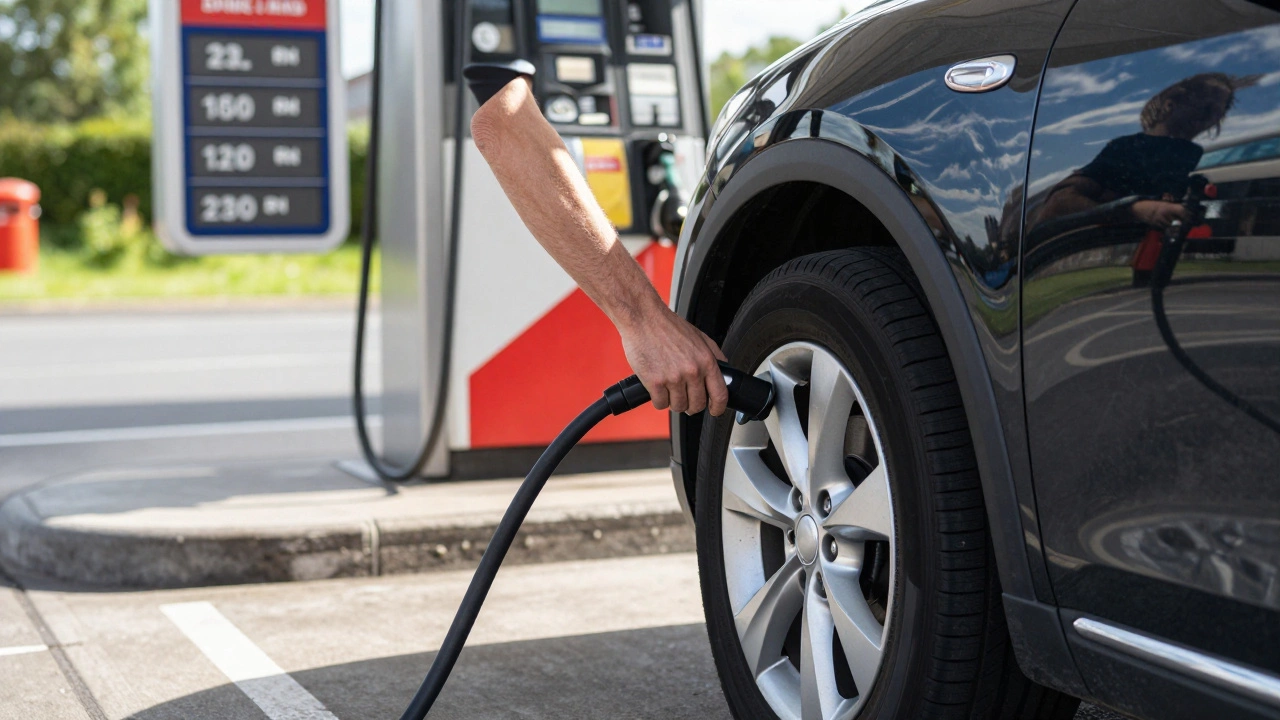 Driver checking tire pressure at a petrol station