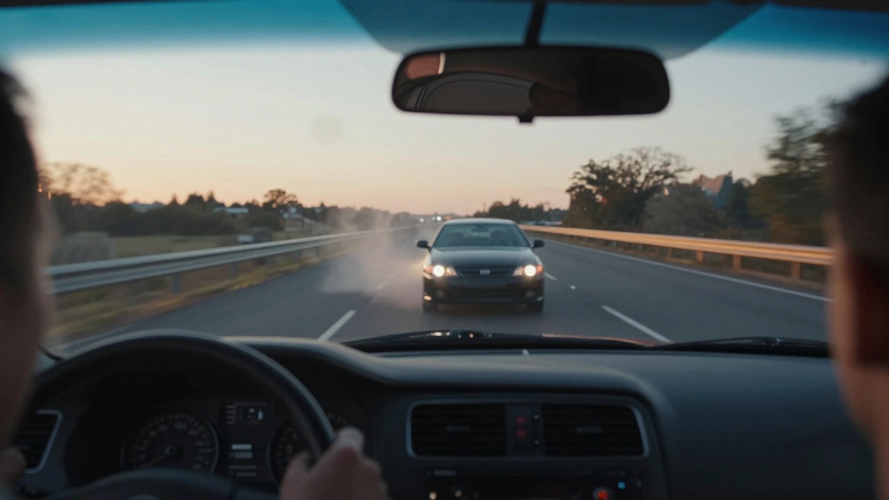 Driver view of car sputtering and losing power on highway