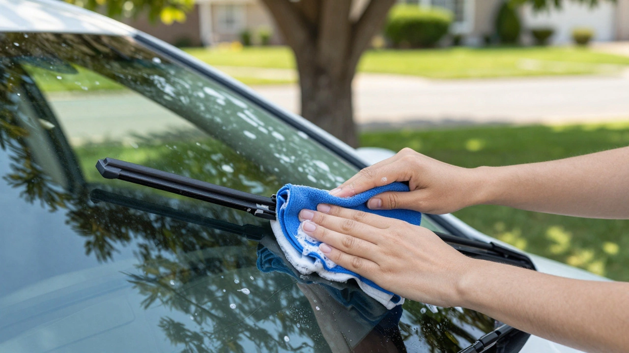 Hands cleaning wiper blade with soapy cloth outdoors
