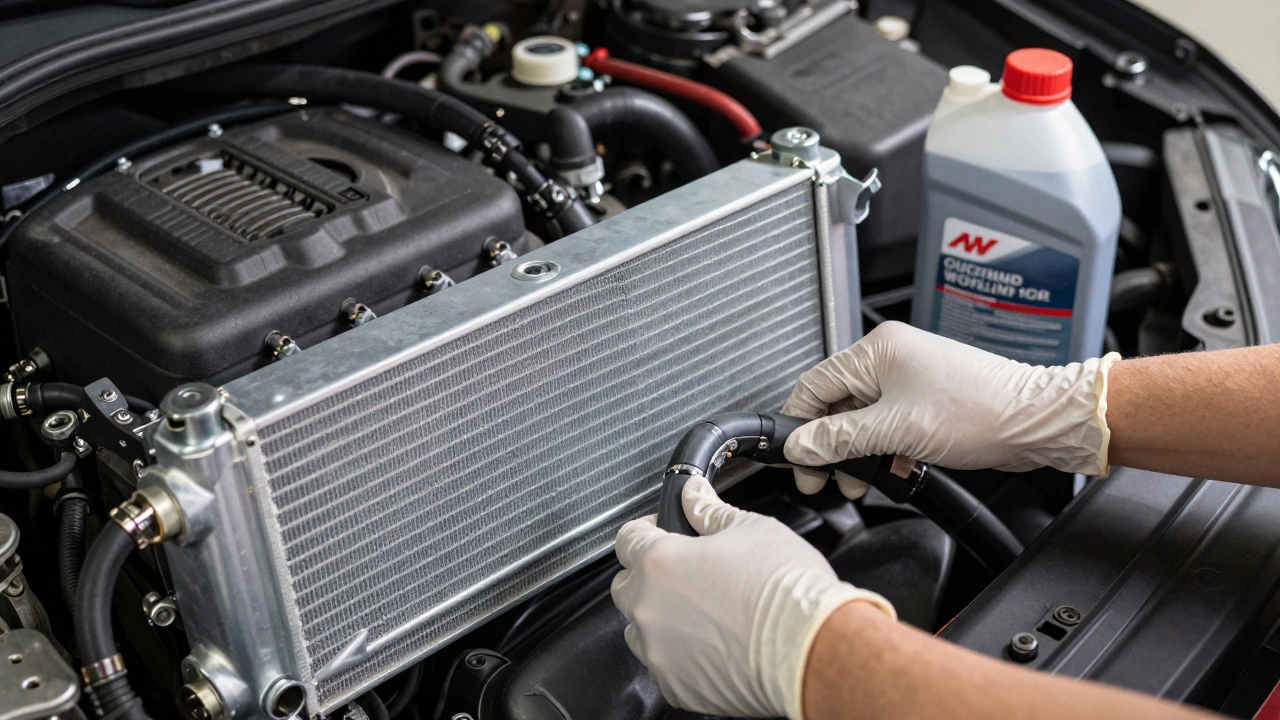 Hands installing new aluminum radiator into car engine bay